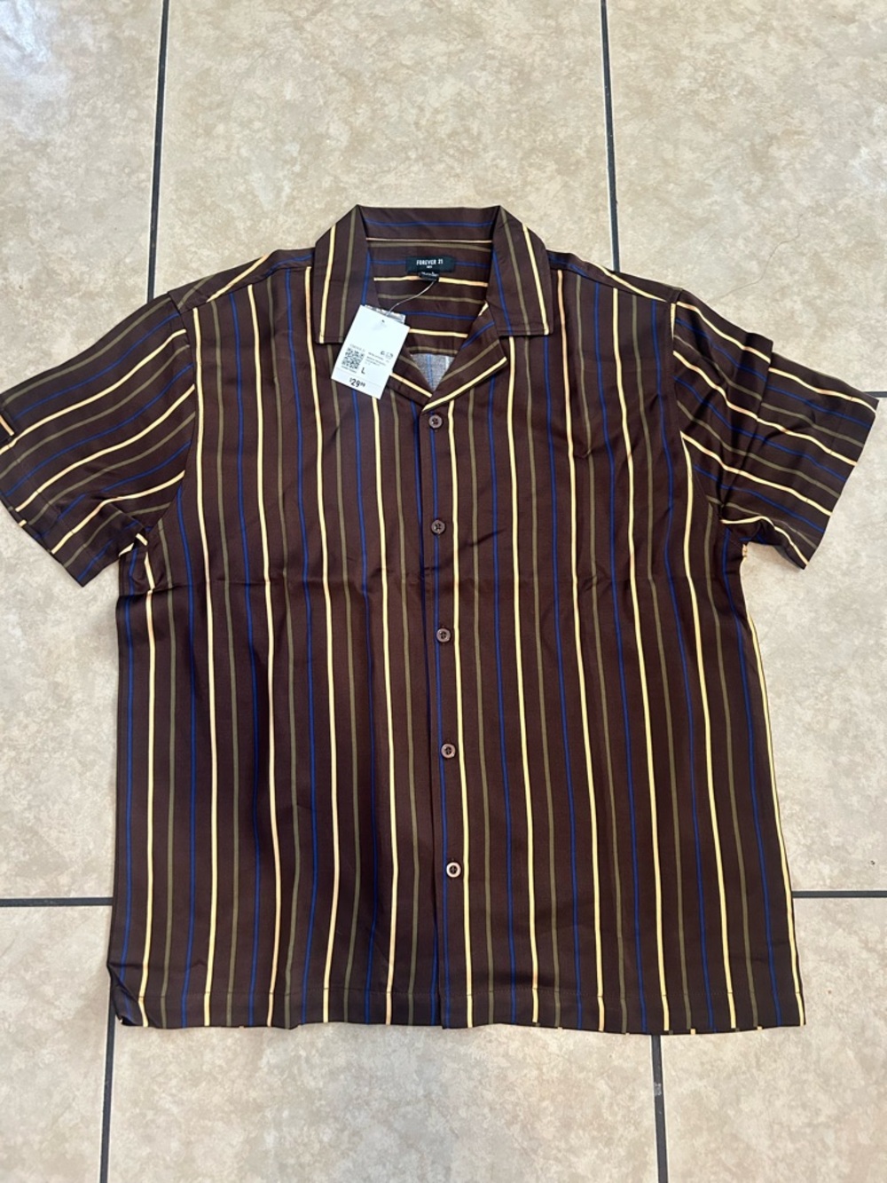 Forever 21 Brown Short-Sleeve Button-Up Shirt with Yellow & Blue Stripes